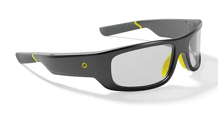Lucyd Armor smart safety glasses, black frame with yellow temple accents